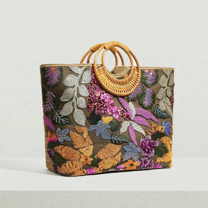 Bolso de mano grande con bordado de lentejuelas y flores a la moda, bolso de mano redondo de ratán para mujer, bolso de playa informal de verano para vacaciones y días festivos