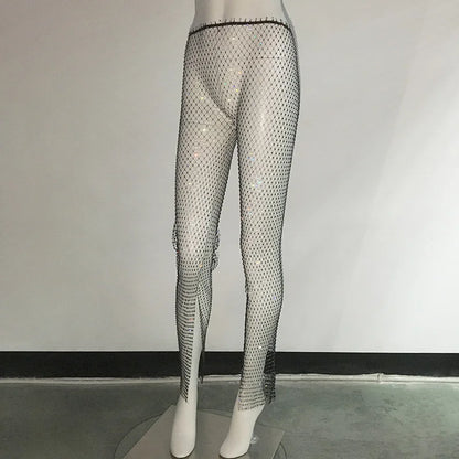 Pantalones de mujer con fondo de diamante de cristal brillante, pantalones de verano sexis de rejilla elástica con agujeros, ropa de playa transparente a la moda