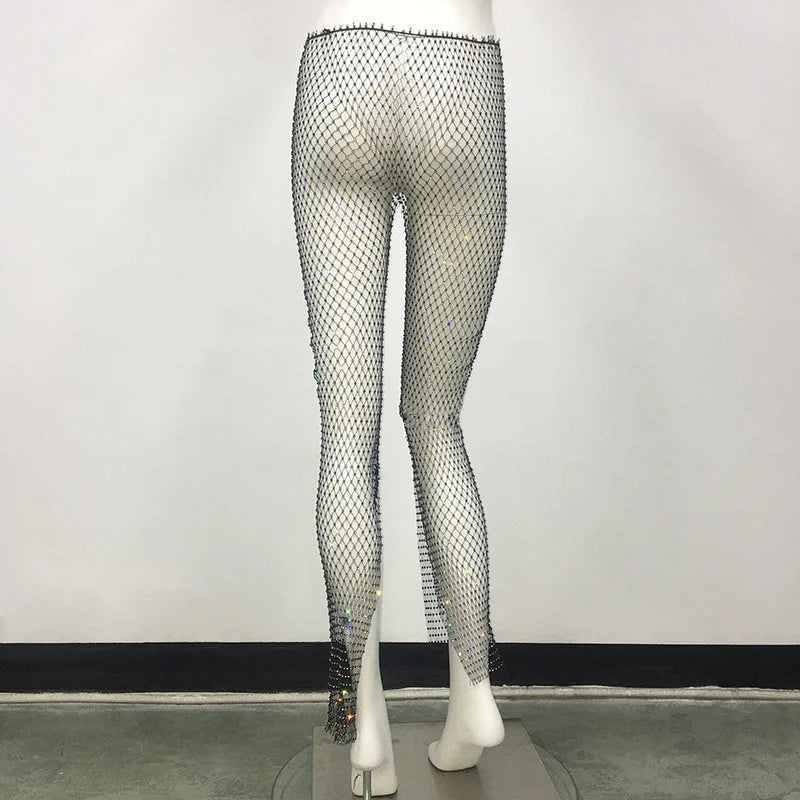 Pantalon crayon sexy transparent ajouré en cristal et diamant brillant pour femme, mode d'été, streetwear, club, fête, pantalon fendu