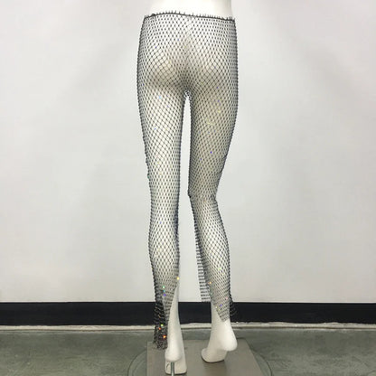 Pantalon crayon sexy transparent ajouré en cristal et diamant brillant pour femme, mode d'été, streetwear, club, fête, pantalon fendu