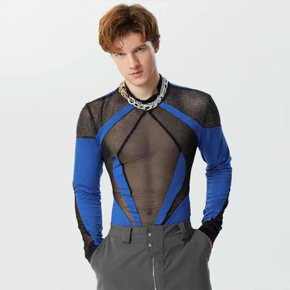 2024 Hommes Body Maille Patchwork Col Roulé À Manches Longues Mode Hommes Barboteuses Streetwear Brillant Sexy Transparent Bodys INCERUN