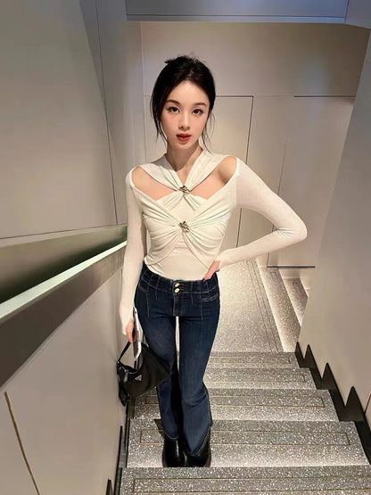 DEAT Fashion Women's Knitted Pullover Long Sleeves Folds Hollow Out Elastic Knot Slim Designer Sweater Autumn 2024 New 7AB1488