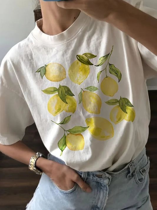 Bonita camiseta de fruta de limón, camiseta holgada de manga corta con estampado botánico, ropa vintage cottagecore, camisetas estéticas retro para mujer