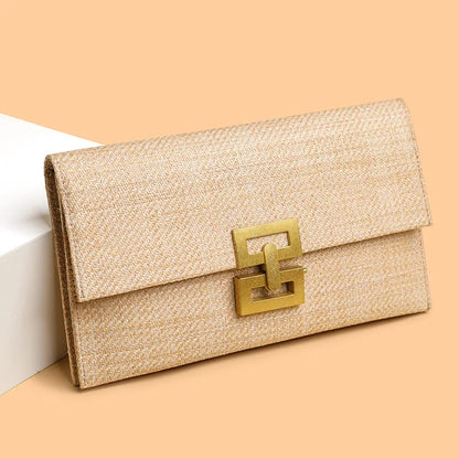 Casual Straw Clutch Bag for Women Chic Metal Lock Lady Handbags Vintage Summer Beach Bag Fashion Party Purses for Female 2024