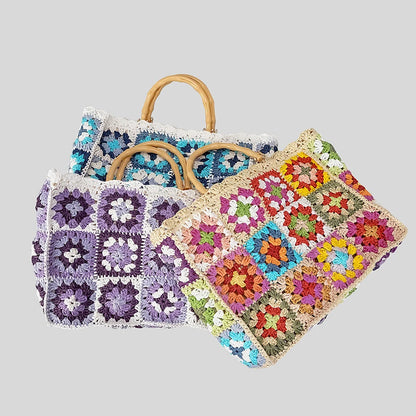 Bolso de mano de paja con forma de granny square bohemio con asa de bambú, bolsos de mujer informales hechos a mano, bolsos de playa de verano, carteras de gran capacidad