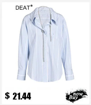 DEAT Fashion - Camisa de mujer con solapa, holgada, de un solo pecho, con mangas de color contrastante, blusa irregular con banda para el cuello, otoño 2024, nueva 7AB002