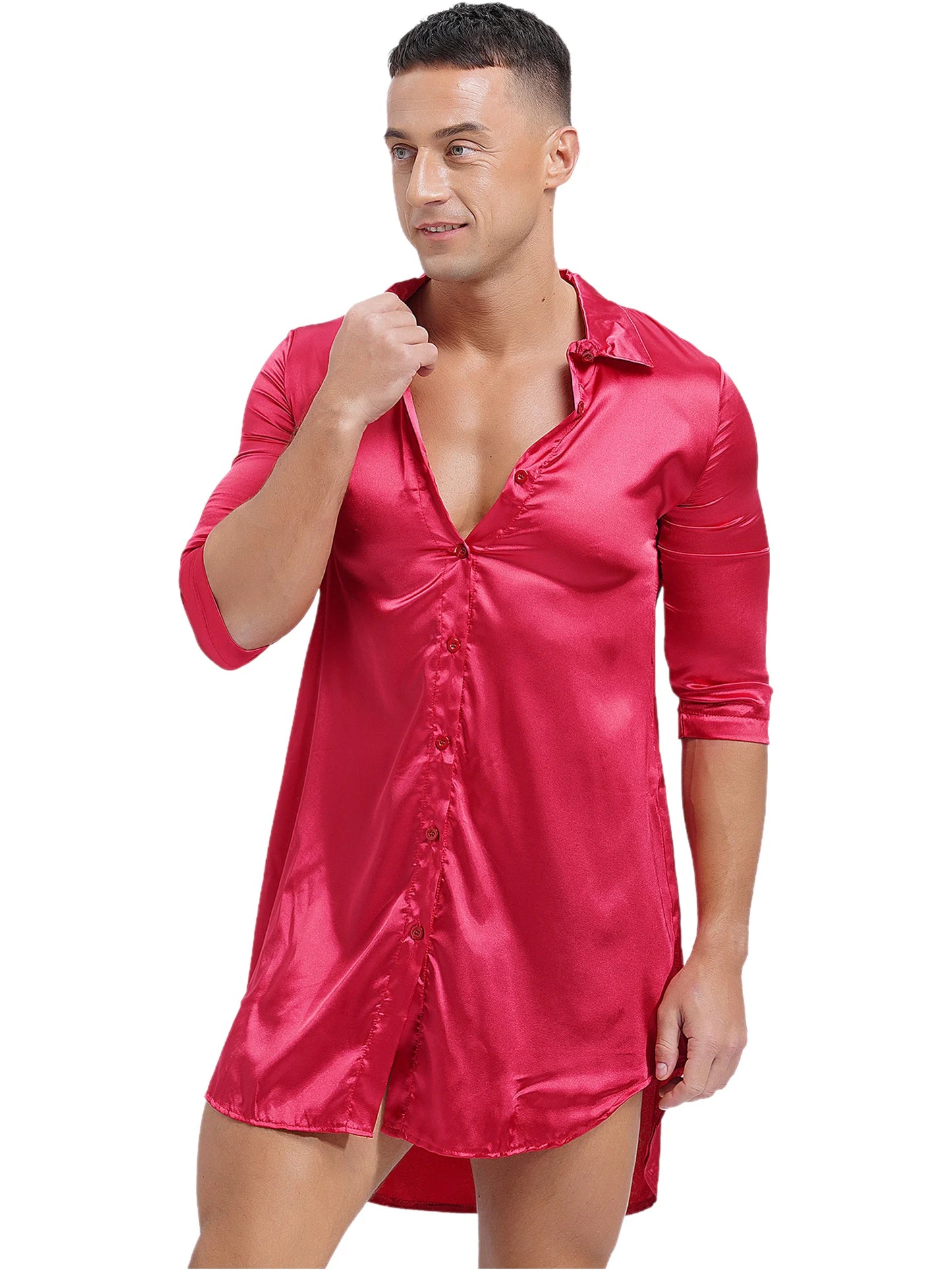 Chemise en satin de soie pour homme Sissy, couleur unie, longue robe portefeuille, peignoir, kimono, chemise de nuit, pyjama, vêtements de nuit, vêtements de détente