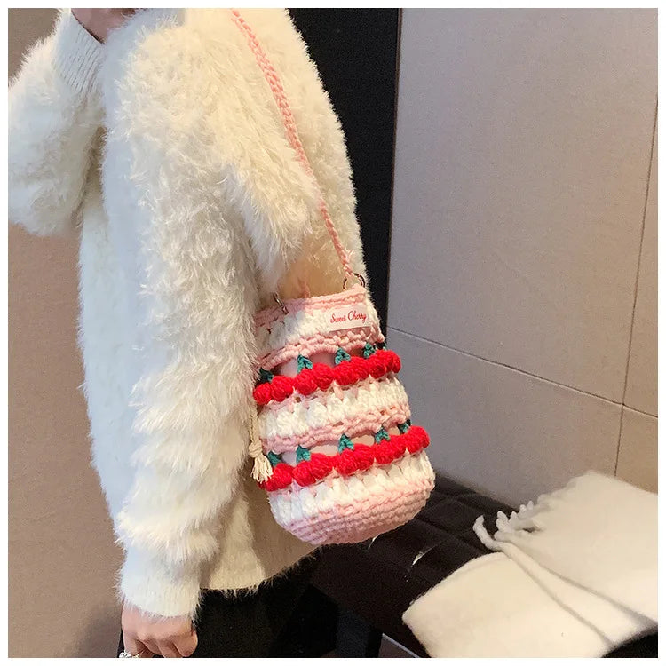 Handmade Woven Cherry Woolen Bag Fresh Fruit Woven Bag Crochet Knitted Bag Leisure String Shoulder Crossbody Bag 2024 New