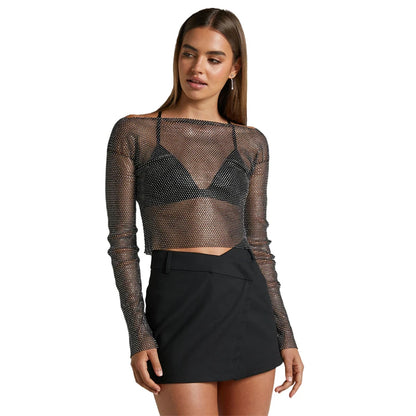 Traje de baño para mujer, camiseta de malla transparente con diamantes, top sexy de rejilla ahuecado con diamantes de imitación, top de manga larga para fiesta en la playa, pareo de bikini