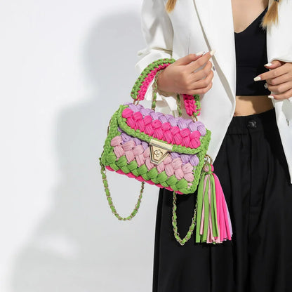 Fashion Colorful Crochet Women Handbags Trend Handmade Woven Chains Shoulder Crossbody Bag Small Flap Female Purses 2024