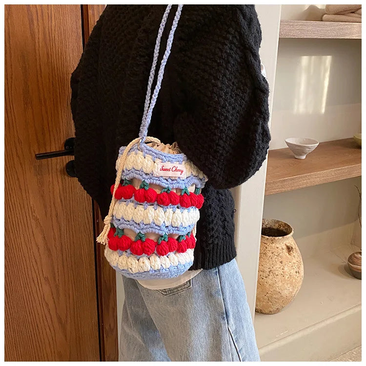 Handmade Woven Cherry Woolen Bag Fresh Fruit Woven Bag Crochet Knitted Bag Leisure String Shoulder Crossbody Bag 2024 New