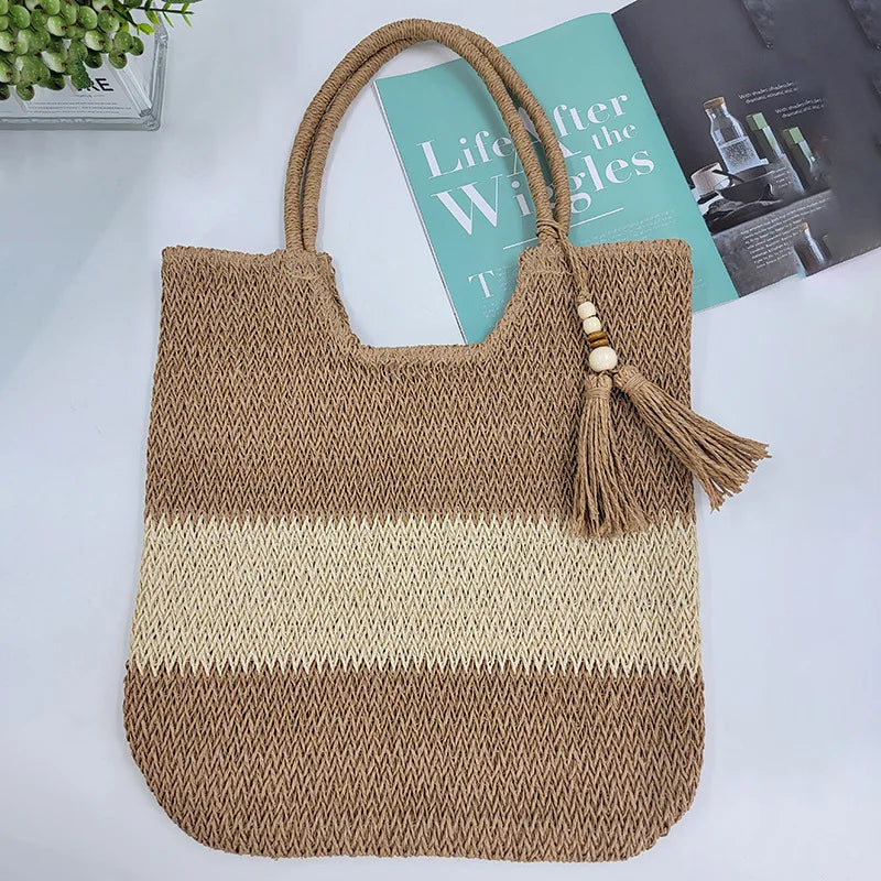 Bolso de mano informal de ratán de gran capacidad para mujer, de diseñador, tejido de mimbre, para hombro, de verano, para playa, de paja, para viaje