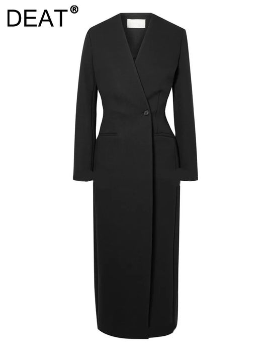 DEAT Fashion Blazer Trench pour femme à manches longues, bouton unique, col en V, couleur unie, coupe-vent, nouvelle tendance printemps 2024, 7AB3293