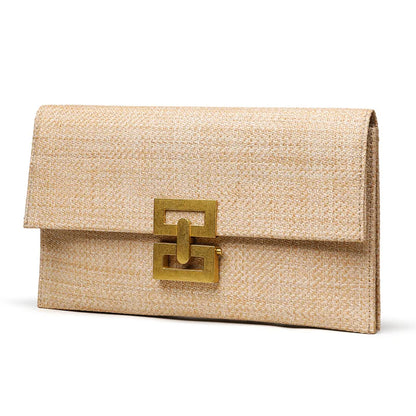 Casual Straw Clutch Bag for Women Chic Metal Lock Lady Handbags Vintage Summer Beach Bag Fashion Party Purses for Female 2024