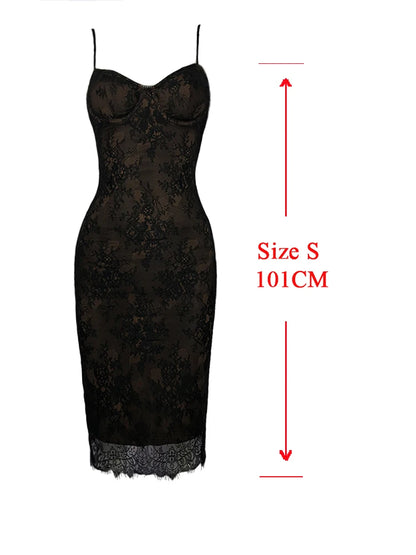 Suninheart Knee Length Lace Spaghetti Strap Dress Sexy Bodycon Party Dresses Black Slim Birthday Night Women Clothing