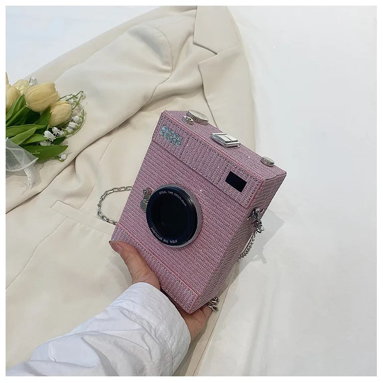 New Camera Shape Shoulder Bag Women Fashion Sequin Box Bag Funny Chain Crossbody Body Bag