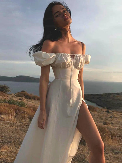 Suninheart Elegante Vestido Midi Blanco Con Hombros Descubiertos Sexy De Manga Corta Con Abertura Alta Vestido De Fiesta De Vacaciones De Verano Vestidos De Mujer 2023