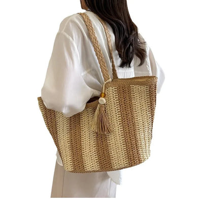 Bolso tejido de paja estilo vacaciones de verano, gran capacidad, versión coreana, tendencia occidental, bolso de hombro, bolso de mano de viaje de moda, diseñador