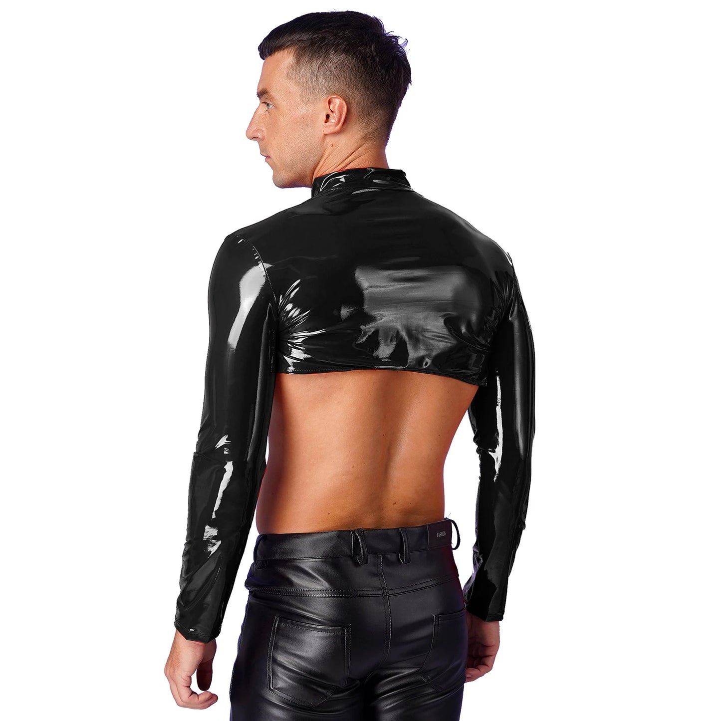 YiZYiF Sexy Mens Wetlook Leather Muscle Tank Top Gay Male Party Clubwear Stage Costume Zipper Shiny Long Sleeve Crop Tops