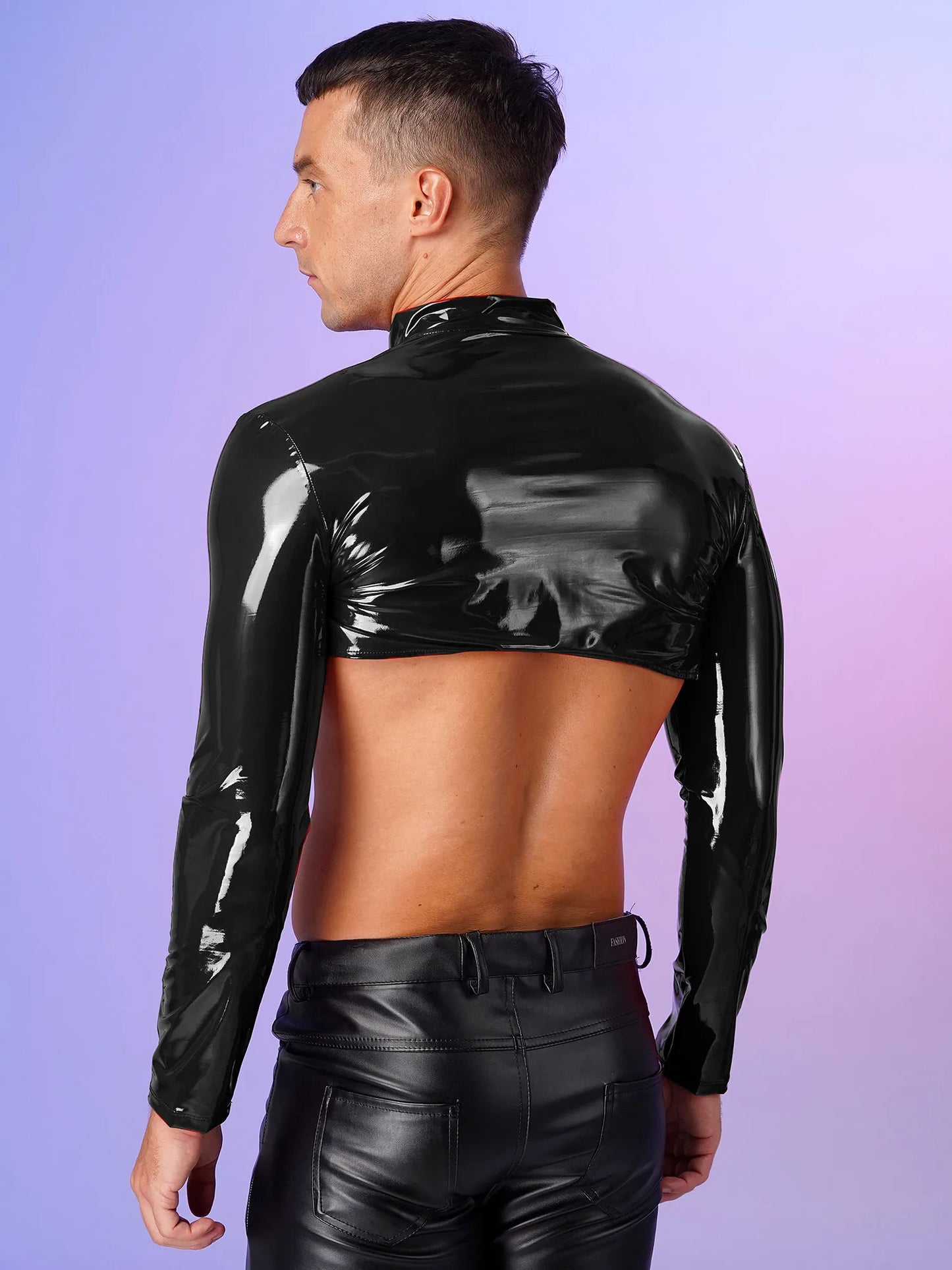 YiZYiF Sexy Mens Wetlook Leather Muscle Tank Top Gay Male Party Clubwear Stage Costume Zipper Shiny Long Sleeve Crop Tops