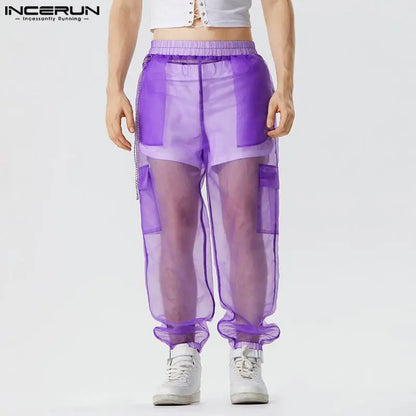 2023 Men Pants Mesh Transparent Joggers Sexy Streetwear Elastic Waist Trousers Men Loose Pockets Fashion Pantalon S-5XL INCERUN