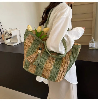 Bolso tejido de paja estilo vacaciones de verano, gran capacidad, versión coreana, tendencia occidental, bolso de hombro, bolso de mano de viaje de moda, diseñador