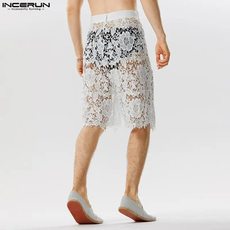 Short élégant et bien ajusté pour homme INCERUN Short en dentelle imprimé ajouré pour soirée décontractée Short en maille transparente sexy S-5XL