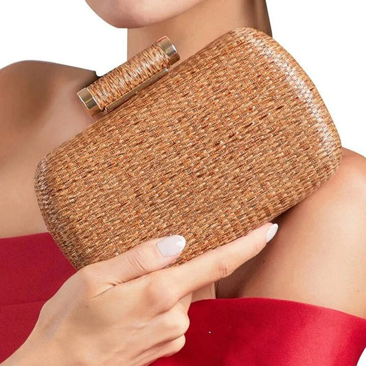 Bolso de paja con diseño trenzado minimalista a la moda, minibolso de fiesta de verano, bolsos de playa vintage, bolso bandolera con cadena tipo caja 2024