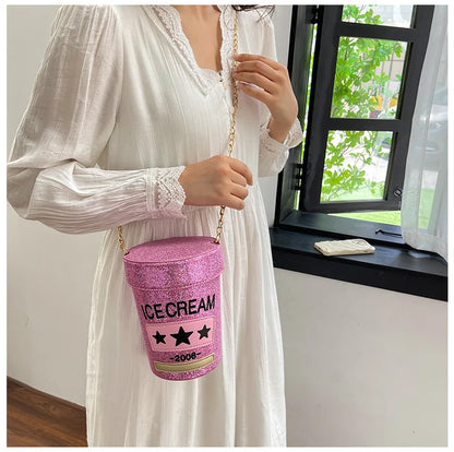 Funny cute cup shape shoulder bag icea cream letter printing bucket bag ladies crossbody messenger bag female purse handbag