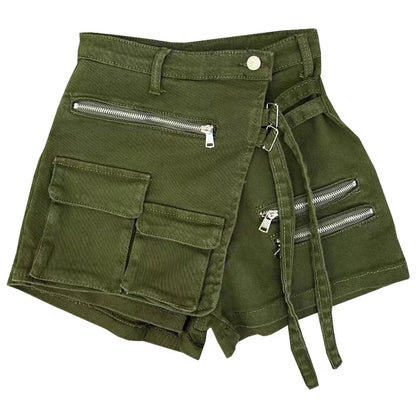 DEAT Pantalones cortos de mezclilla de moda para mujer, cintura alta, cremallera, correa de encaje, bolsillos falsos, 2 piezas, pantalones cortos verdes, faldas, verano 2024, nuevo 17A6200