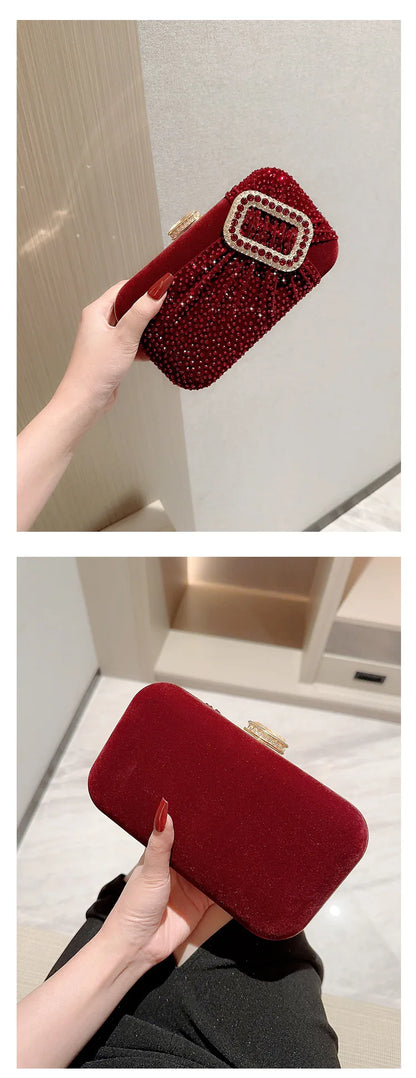 Bolsos de noche con diamantes de imitación de color rojo vino para mujer, bolsos de mano de tela de terciopelo a la moda, bolsos de mano para dama, bolsos para bodas y fiestas