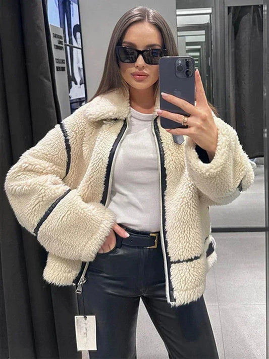 Suninheart Autumn and Winter Faux Fur Jacket with Zipper Women Long Sleeve Warm Jackets Coat Casual Lapel Cold Coat High Quality