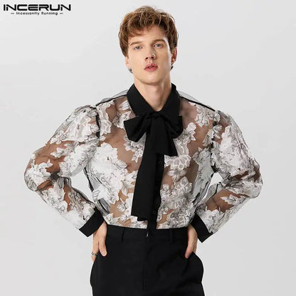 Fashion Sexy New Men Perspective Lace Print Jacquard Tie Shirts Casual Male Hot Sale Long Sleeved Blouse S-5XL INCERUN Tops 2024