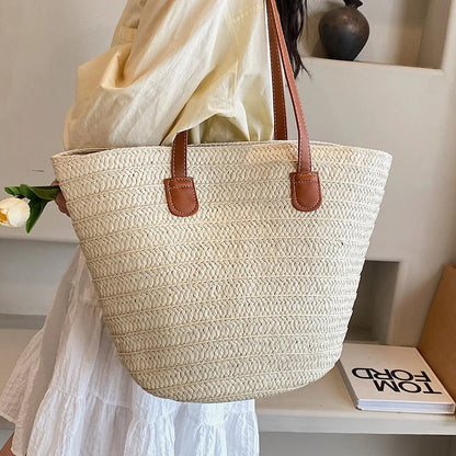 Bolso de paja de gran capacidad informal para mujer, bandolera tejida hecha a mano, sencillo, para playa, para verano, 2024