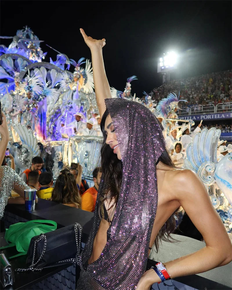 Vestido de verano con cristales brillantes y aberturas para mujer, vestido transparente de rejilla con malla para cubrir la cabeza, vestido de fiesta sexy con diamantes de imitación