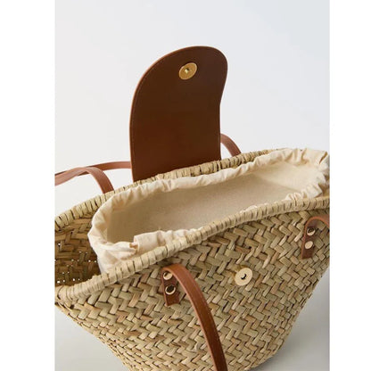 Bolso de mimbre informal para mujer, tejido de mimbre natural, estilo vintage, hecho a mano, para playa, de gran capacidad