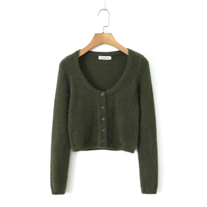 Suninheart Autumn Sexy Mohair Cardigan Women Fashion Vintage Knit Cropped Sweaters Casual Long Sleeve Button Up Crochet Top