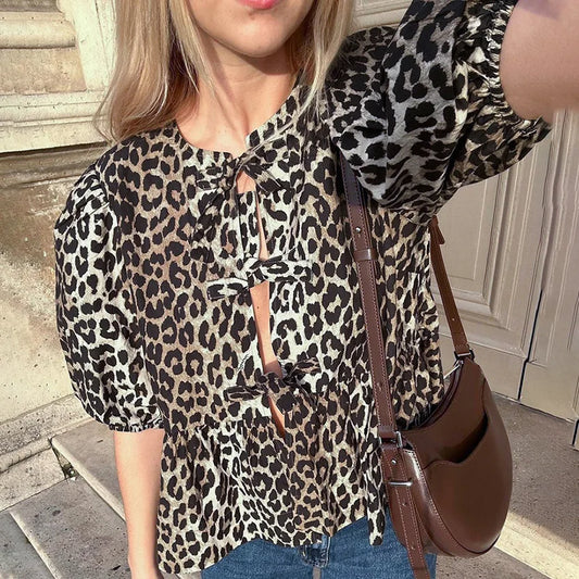 Suninheart 2024 Women Fashion Front Tie Up Blouses Leopard Print Top Short Puff Sleeve Tops Cute Going Out Shirts