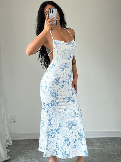 Dulzura - Vestido largo con cuello halter y encaje floral para mujer, vestido midi ajustado sin espalda, atuendo sexy para fiesta y club, ropa de calle, vestido de verano