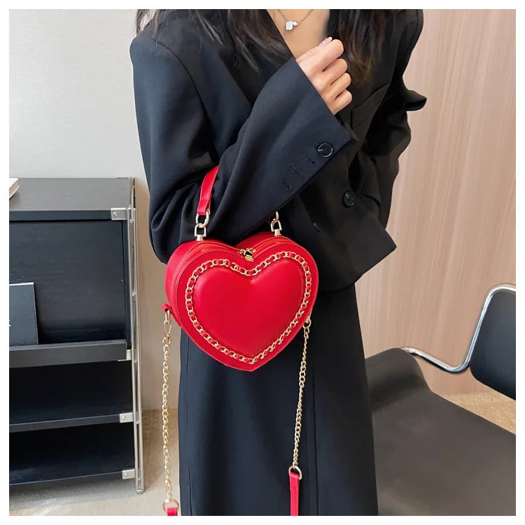 Bolsos y carteras para mujer, bolso de hombro con forma de corazón rojo a la moda, bolso cruzado con cadena para mujer, bolso de mano y cartera para mujer