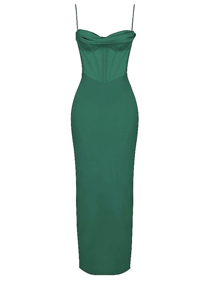 Vestido maxi verde ajustado sexy para eventos de celebridades, vestidos de fiesta de noche de graduación, vestidos de satén con cuello en V y tirantes finos para mujer, verano 2022