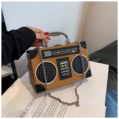 Bolso bandolera con forma de radio vintage exclusivo para mujer, bolso de hombro con cierre de clip