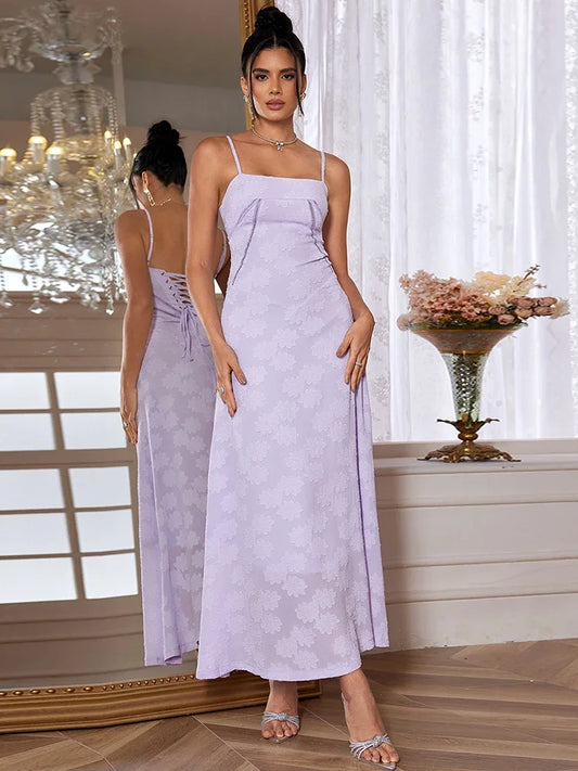 Suninheart Nuevo vestido largo elegante de verano 2024 Recién llegado Vestido de fiesta con tirantes finos morado para invitadas a bodas Vestidos de fiesta con cordones