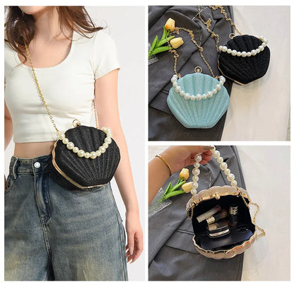 Bolso de hombro estilo marca, bolso de concha con cadena de perlas, bolso cruzado de lentejuelas de moda para mujer, bolso de noche