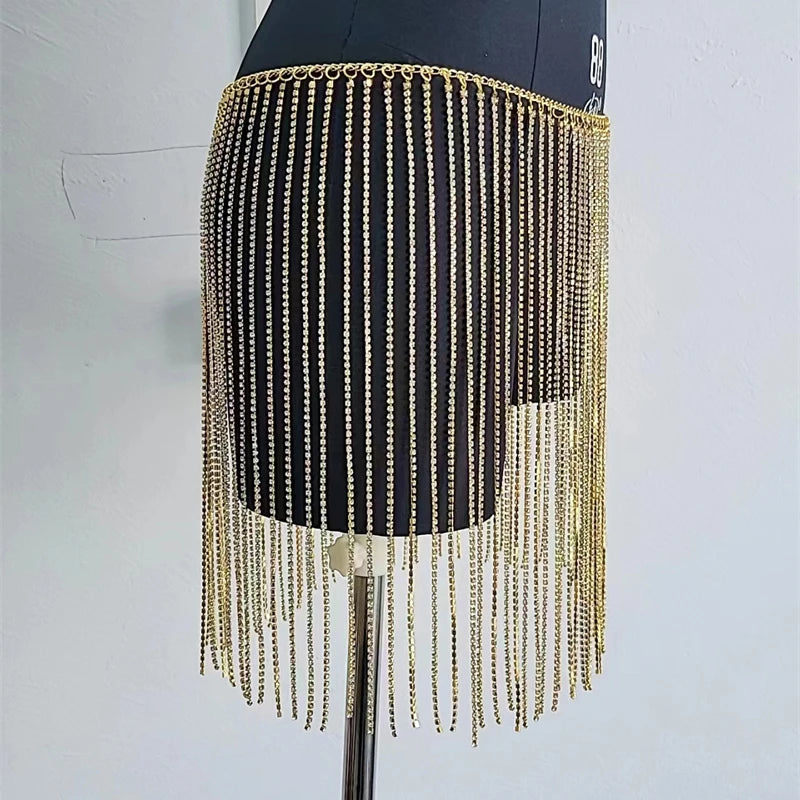 Glitter Rhinestone Long Tassel Mini Skirts Gold Silver Crystal Diamonds Loose Adjustable Sexy Women Summer Beach Short Skirt