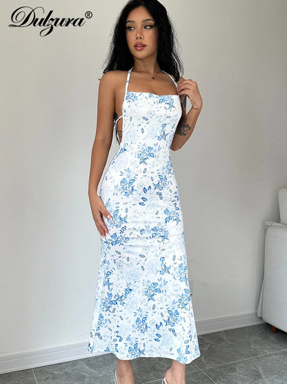 Dulzura - Vestido largo con cuello halter y encaje floral para mujer, vestido midi ajustado sin espalda, atuendo sexy para fiesta y club, ropa de calle, vestido de verano