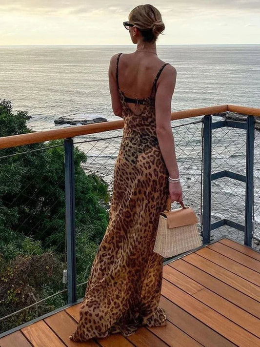 Suninheart - Vestido de verano sexy transparente con estampado de leopardo, maxivestido playero con espalda descubierta y cordones, elegante, largo hasta el suelo, para vacaciones