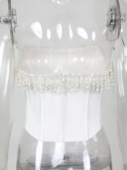 Suninheart Luxury Strapless Women Cropped Top White Embellished Pearls and Beads Corset Tops Sexy Party Cocktail Clothing