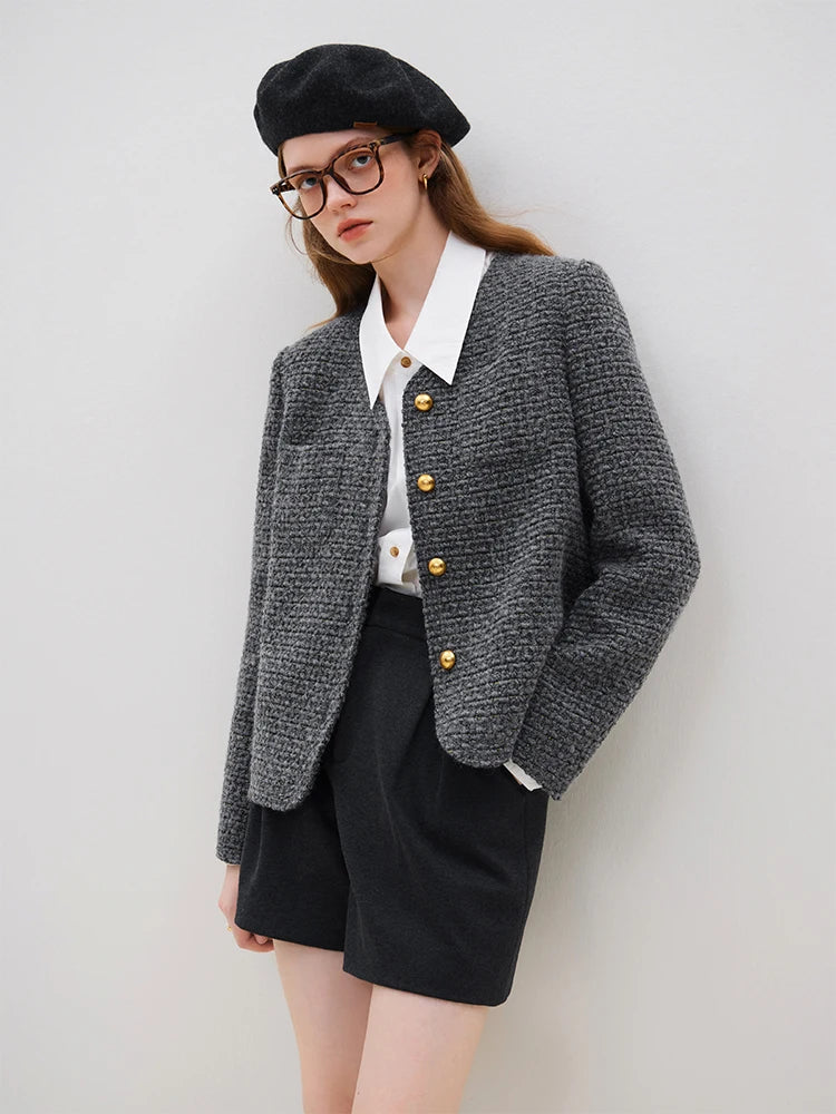 FSLE Office Lady French Style Fragrance Jacket Women's Autumn Winter 2023 New Wool Tweed Jacket For Women Grey Casual Coats