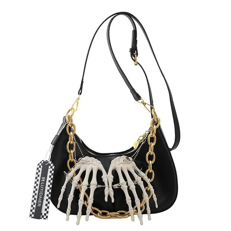 Bolso bandolera estilo punk con cadena para chica cool 3d Mano Scheletrica, bolso bandolera estilo Y2k vintage para mujer 2024